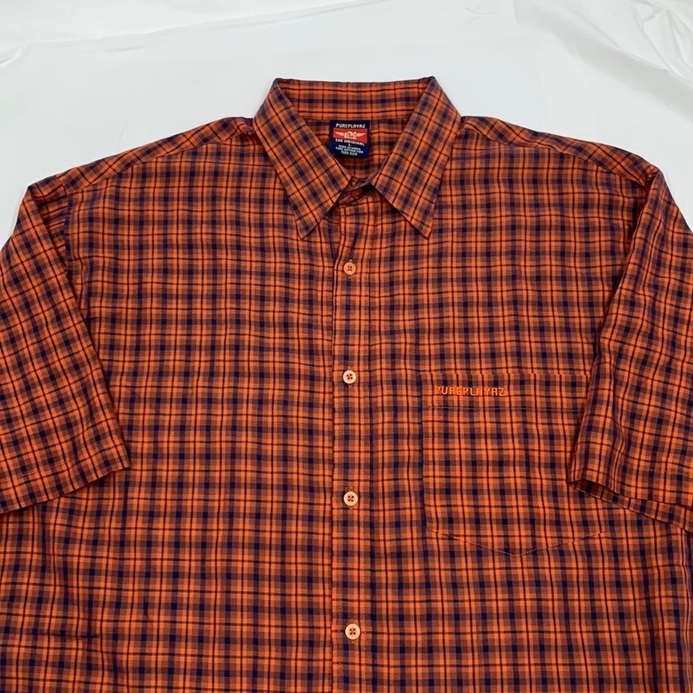 Men Pure Playaz Orange Dark Blue Mini Plaid Button Short Sleeve Shirt Size L